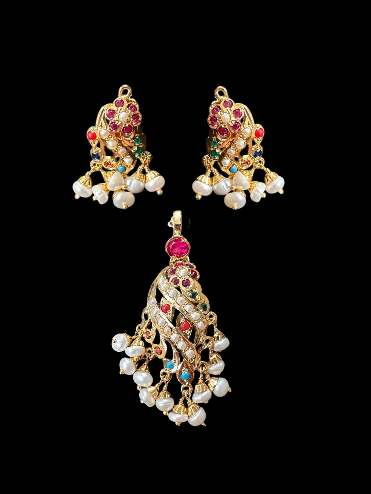 Gold plated jadau silver pendant set in navratan   ( SHIPS IN 5 WEEKS )