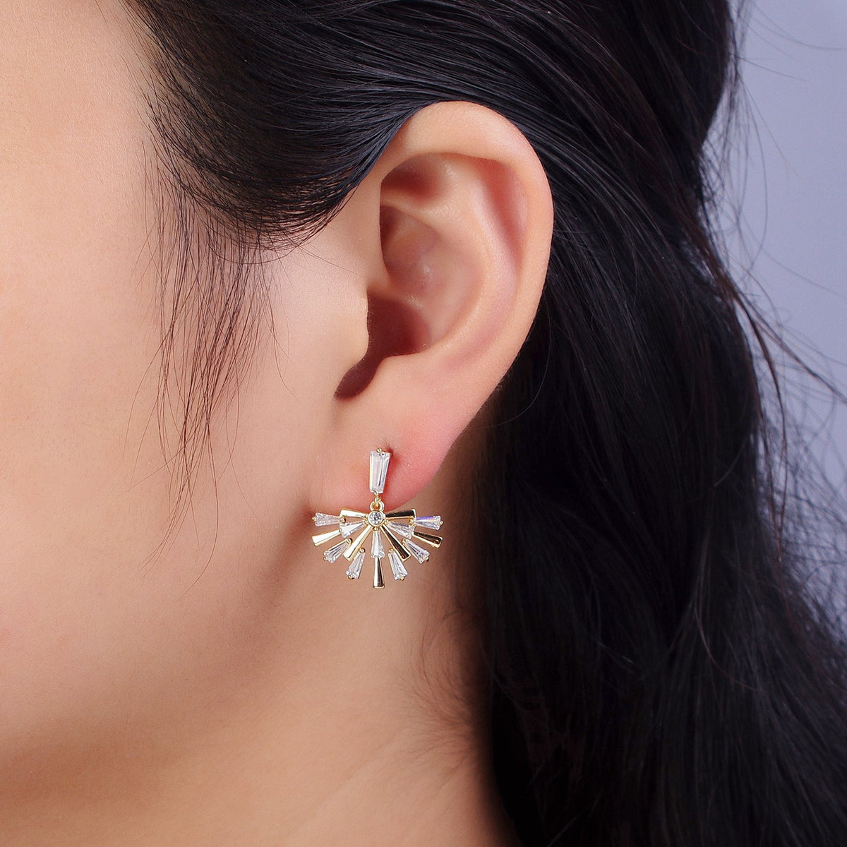 14K Gold Filled Baguette Fan Drop Dangle Clear Stud Earrings | AB334