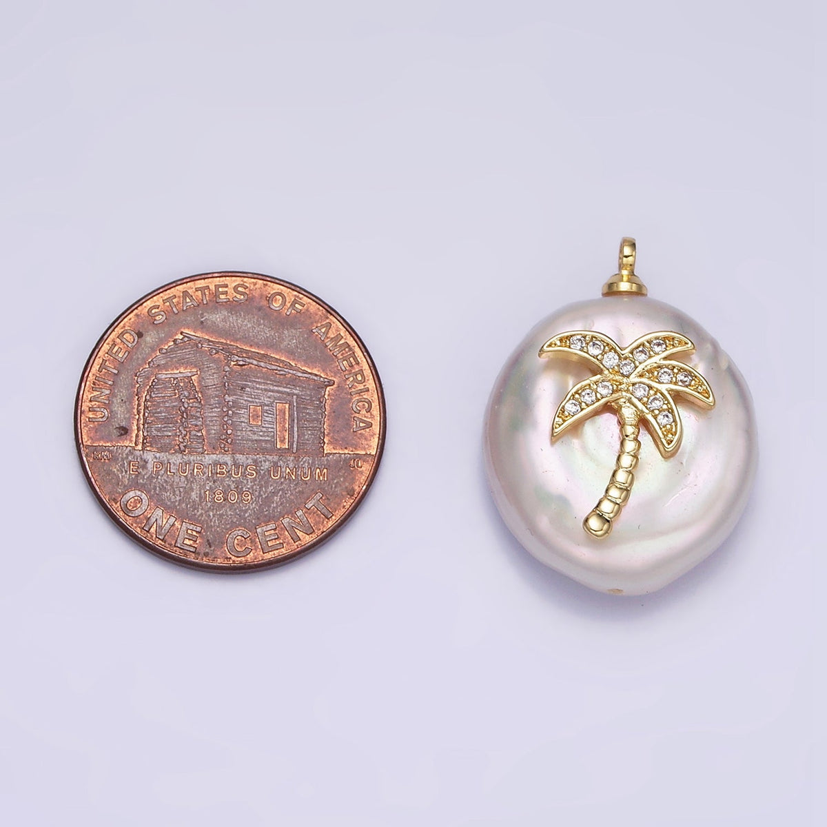 16K Gold Filled Palm Tree Micro Paved CZ Freshwater Pearl Charm | AC1331 P1561