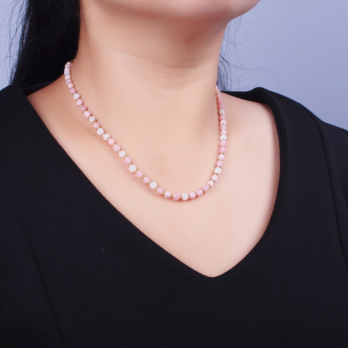 16 Inch Natural Pink Opal Multifaceted Cube Gemstone w. Gold Bead Choker Necklace | WA-1444 Clearance Pricing