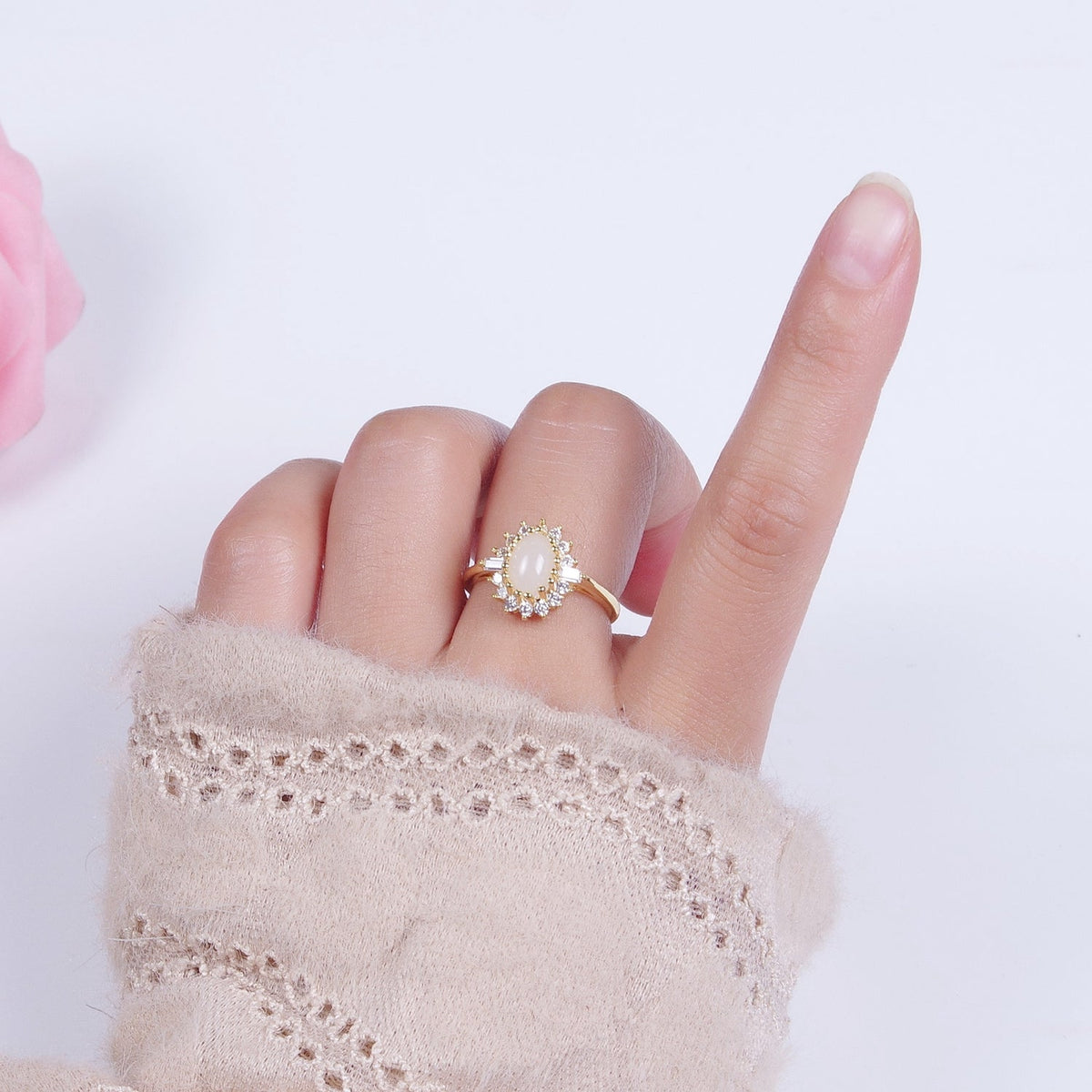 Gold White Gemstone Clear Cubic Zirconia Celestial Sun Flower Adjustable Ring S-247