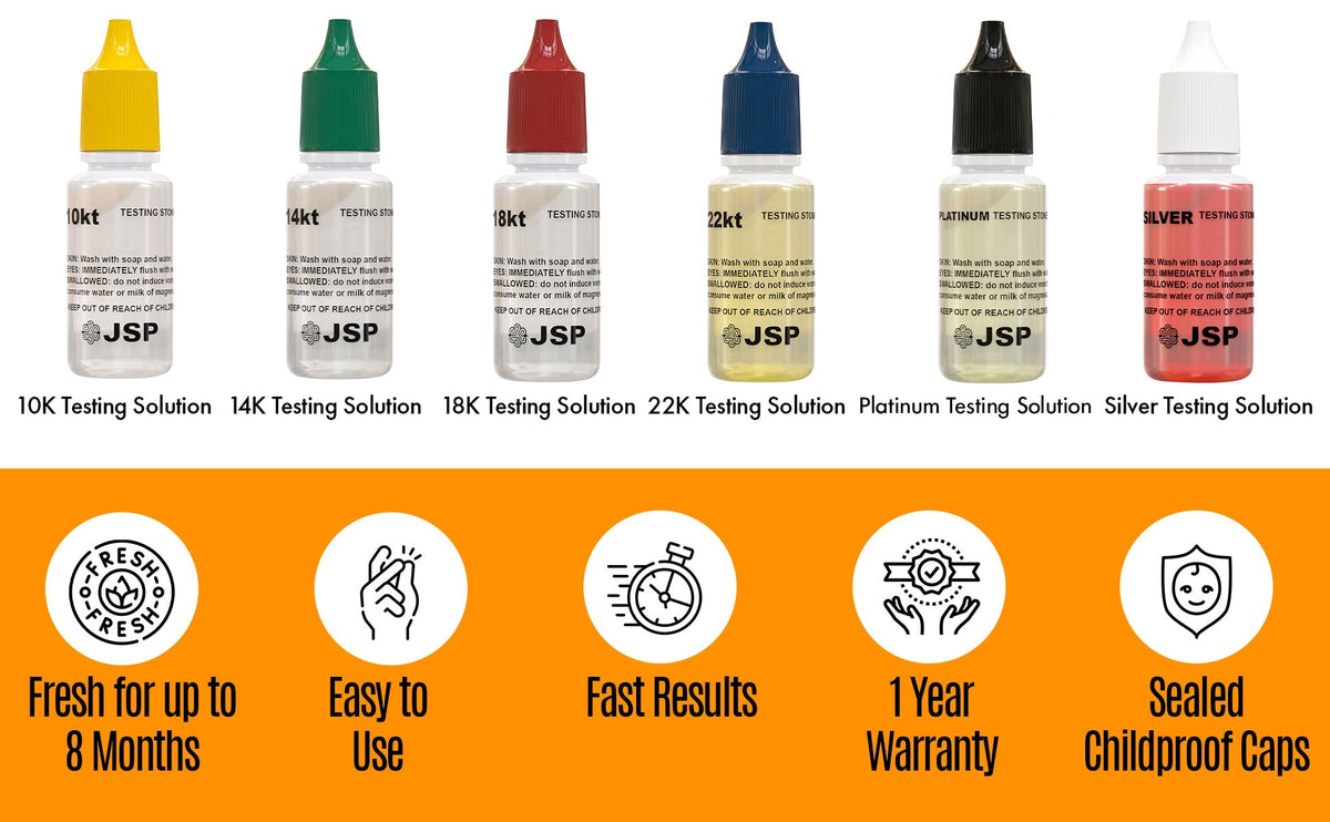 JSP Gold Silver Test Kit 10K 14K 18K 24K Platinum Jewelry Precious Metals Tester Bar W/ PuriTEST White Test Stone