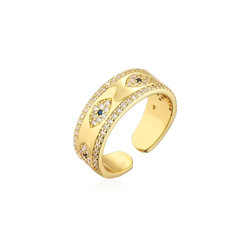 NEWBUY 2024 Fashion Gold Color Copper Wedding Jewelry AAA CZ Evil Eye Design Open Ring For Women Girl Engagement Gift