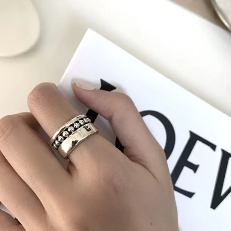 VENTFILLE 925 Silver New Thick Simple Wave Light-shaped Solid Double-layer Rings Trendy Couple Ring Female Gift