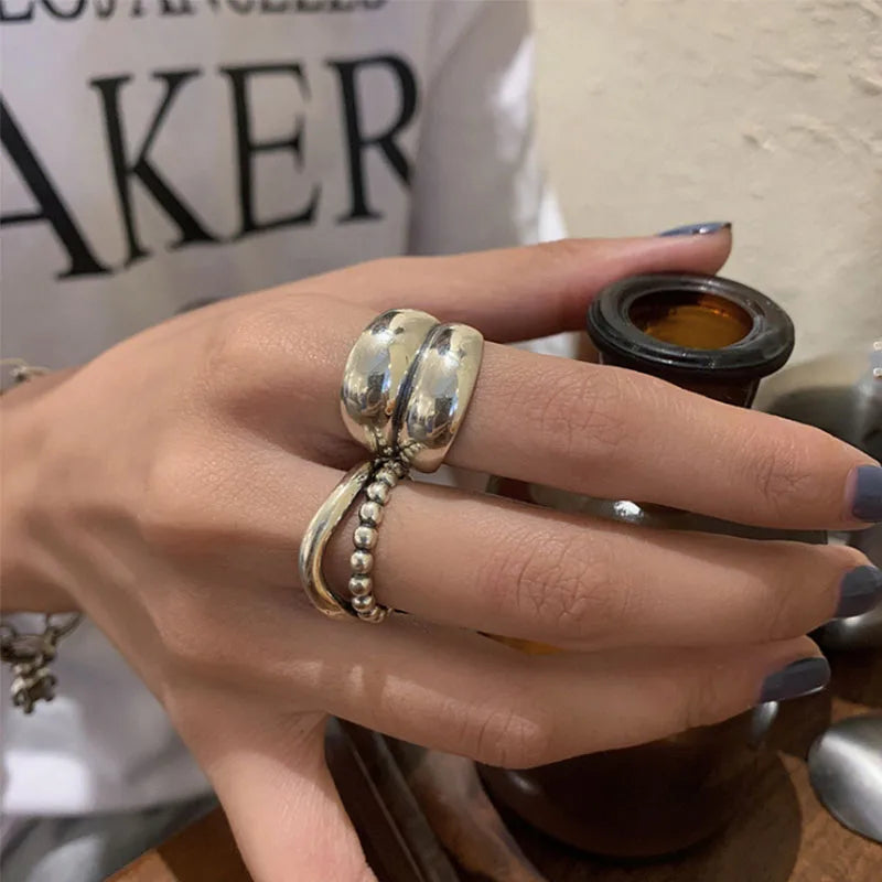 VENTFILLE 925 Silver New Thick Simple Wave Light-shaped Solid Double-layer Rings Trendy Couple Ring Female Gift