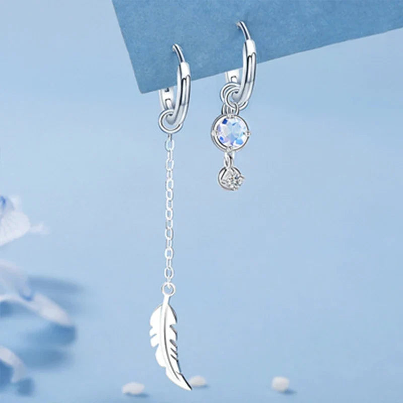 VENTFILLE 925 Sterling Silver Asymmetric Feather Earrings White Moonstone Pendant Earrings Ladies Gifts Handmade Jewelry