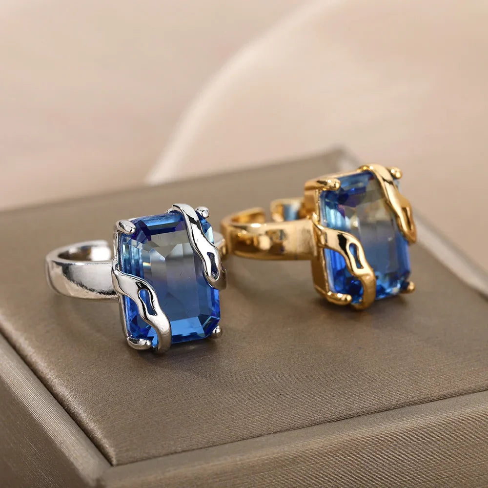 Cubic Zircon Blue Square Stone Rings For Women Stainless Steel Square Stone Finger Ring Party Aesthetic Valentine Jewelry Gift