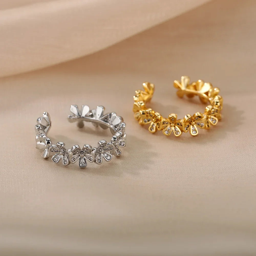 Ladies Flower Open Rings For Women Stainless Steel Cubic Zircon Flower Open Adjustable Ring Jewelry Students Girl Gift