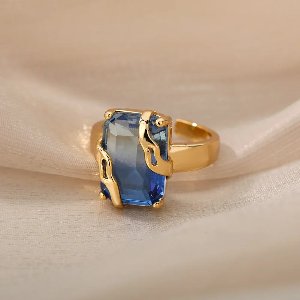 Cubic Zircon Blue Square Stone Rings For Women Stainless Steel Square Stone Finger Ring Party Aesthetic Valentine Jewelry Gift