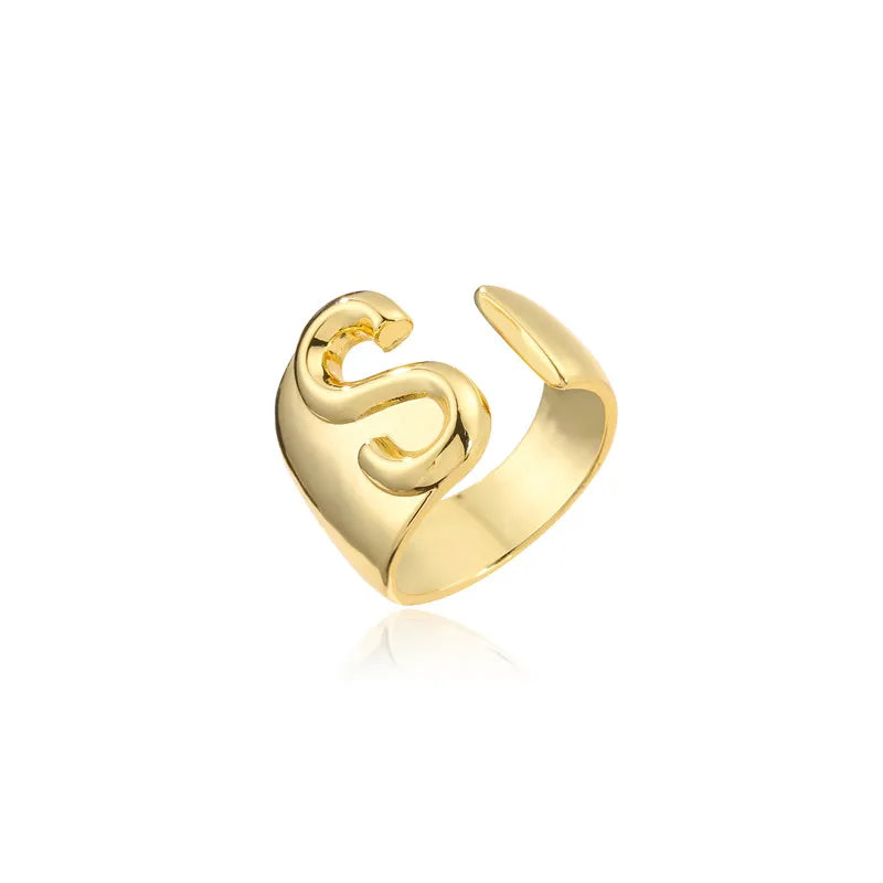 Hollow A-Z Letter Gold Color Metal Adjustable Opening Ring Initials Name Alphabet Female Party Chunky Wide Trendy Jewelry