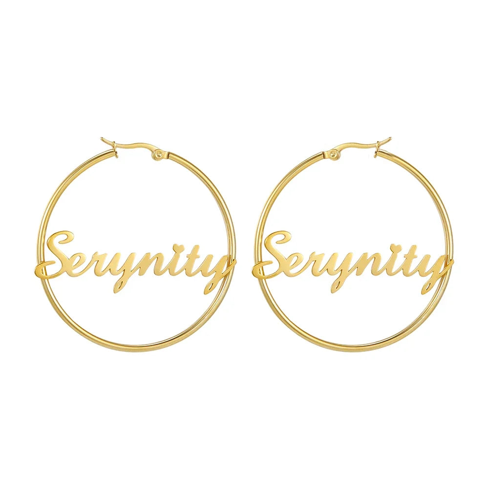 Sipuris Stainless Steel Personalized Customize Name Hoop Earrings Jewelry For Women Girls Circle Earring Fashion 30-60 MM