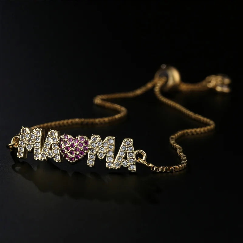 Fashion Gold Color "Mama" Charm Bracelets For Women Girl Adjustable Chain Length Luxury CZ Jewelry Gift For Mom