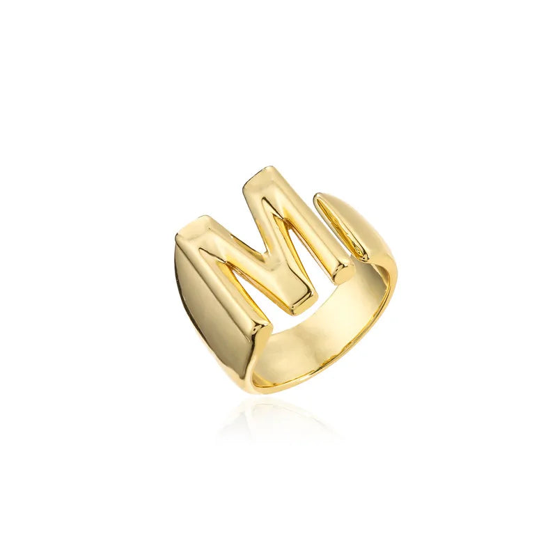 Hollow A-Z Letter Gold Color Metal Adjustable Opening Ring Initials Name Alphabet Female Party Chunky Wide Trendy Jewelry