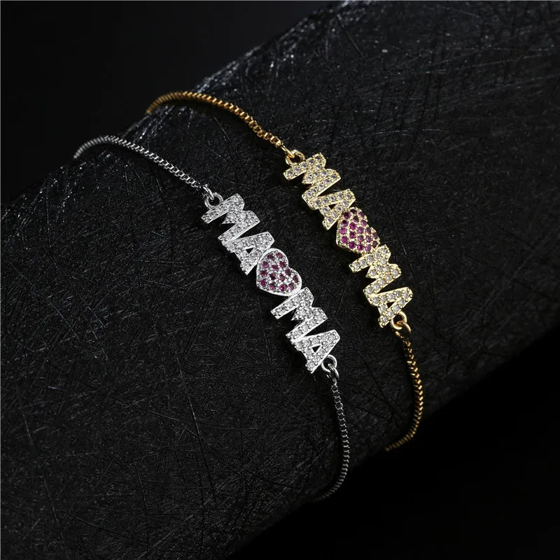 Fashion Gold Color "Mama" Charm Bracelets For Women Girl Adjustable Chain Length Luxury CZ Jewelry Gift For Mom