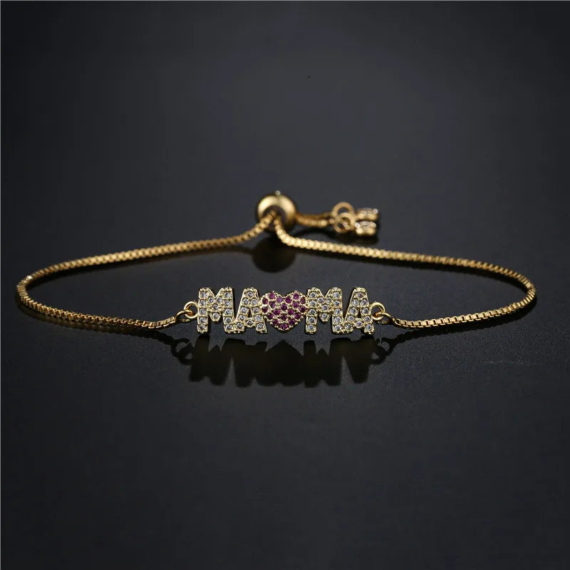 Fashion Gold Color "Mama" Charm Bracelets For Women Girl Adjustable Chain Length Luxury CZ Jewelry Gift For Mom