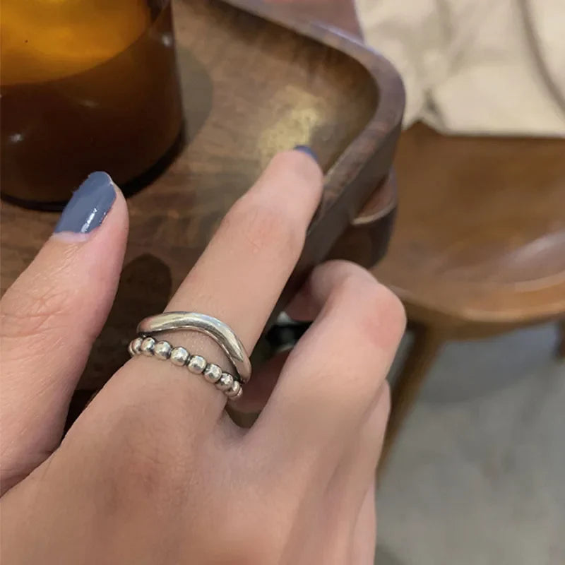 VENTFILLE 925 Silver New Thick Simple Wave Light-shaped Solid Double-layer Rings Trendy Couple Ring Female Gift