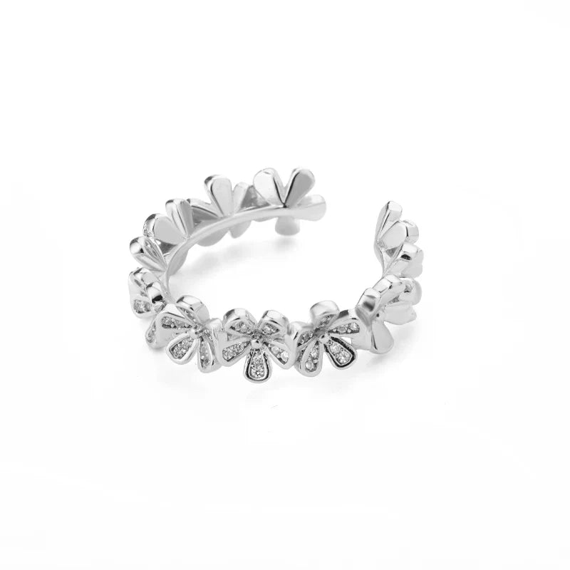 Ladies Flower Open Rings For Women Stainless Steel Cubic Zircon Flower Open Adjustable Ring Jewelry Students Girl Gift