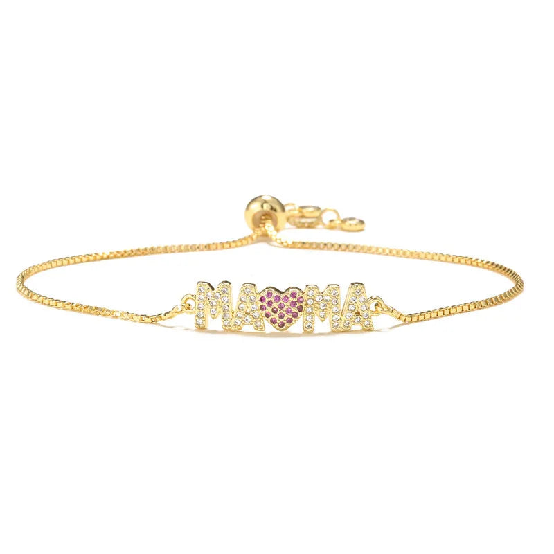 Fashion Gold Color "Mama" Charm Bracelets For Women Girl Adjustable Chain Length Luxury CZ Jewelry Gift For Mom