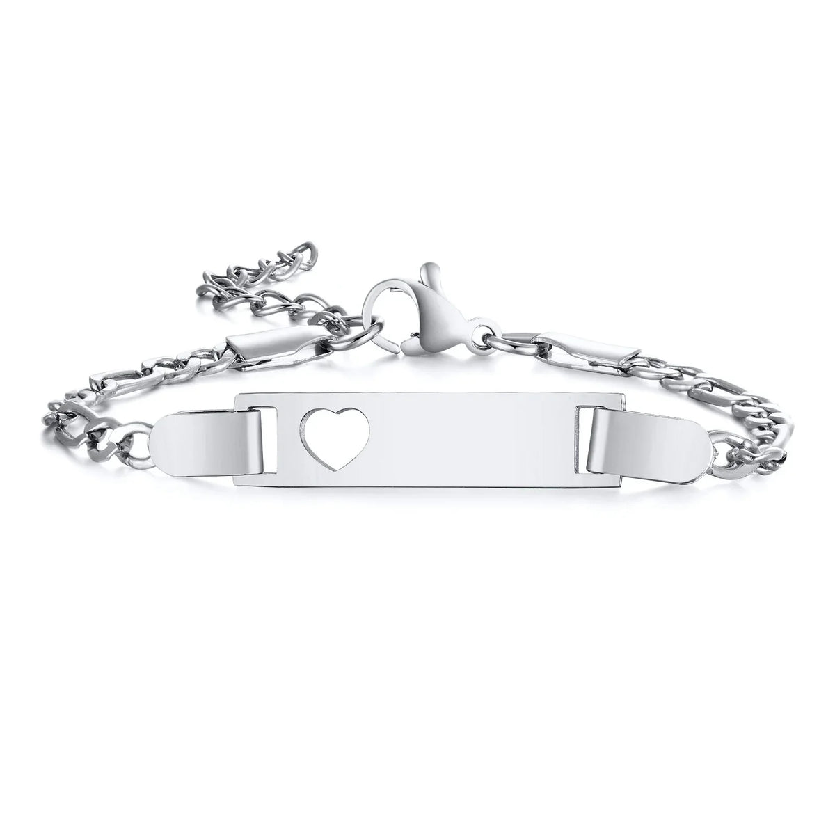 Persoanlized Custom Name Heart Bracelet,Stainless Steel Figaro Chain Link Adjustable,Engraved Gift for Boy Girl