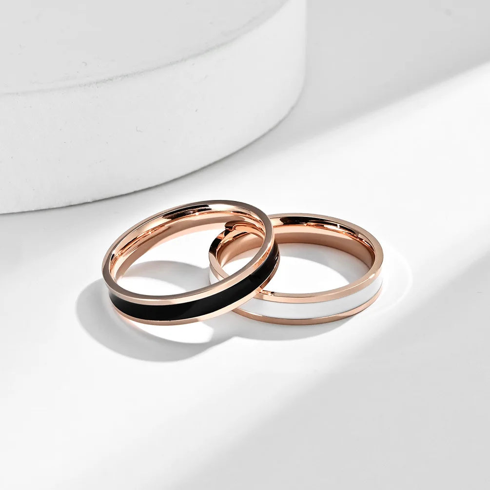 4mm Stainless Steel Black/White Enamel Wedding Band Ring for Women Girl Size 3-10