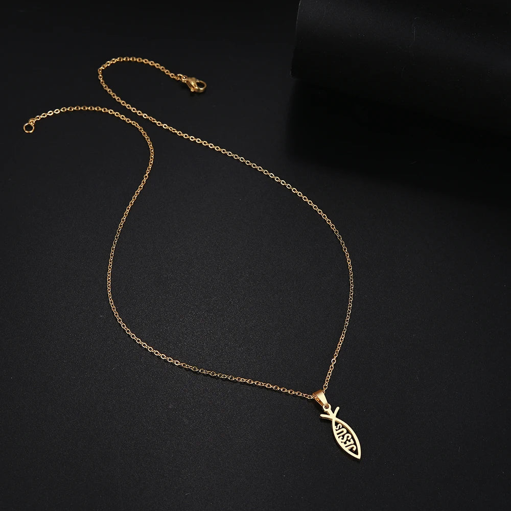 DOTIFI  Stainless Steel Necklace For Women Man Lover's Sharp Jesus Fish Shape Color Pendant Necklace Engagement Jewelry