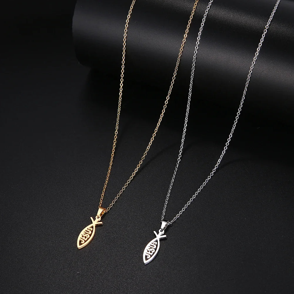 DOTIFI  Stainless Steel Necklace For Women Man Lover's Sharp Jesus Fish Shape Color Pendant Necklace Engagement Jewelry