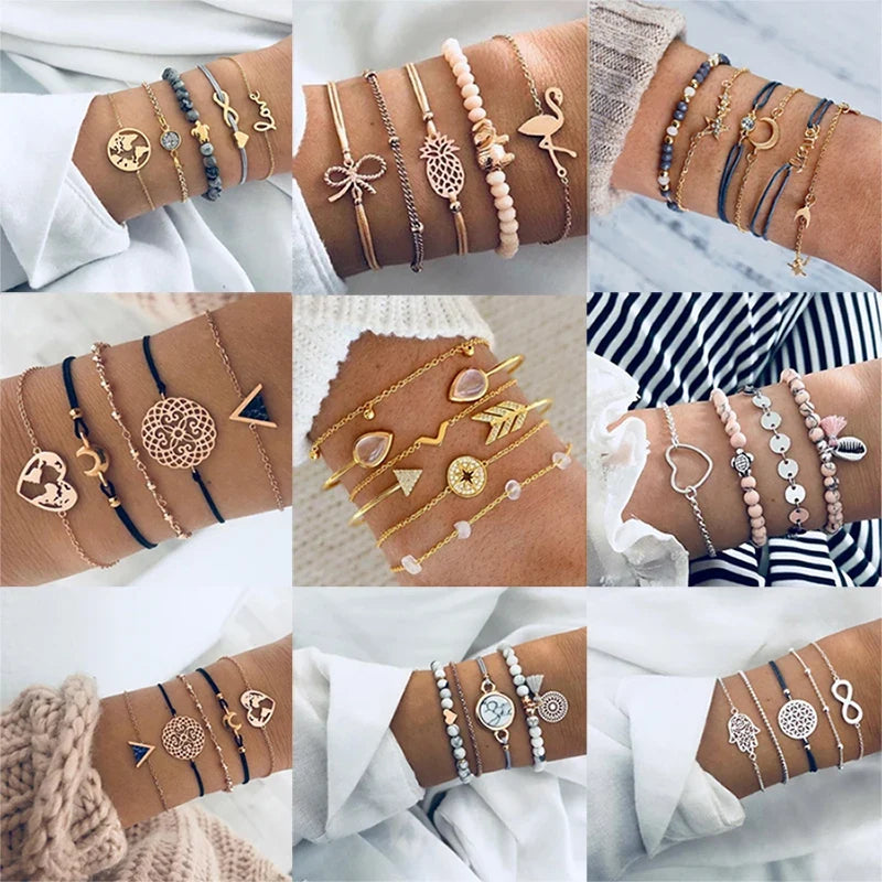 Boho Bangle For women Turtle Elephant Heart Shell Star Moon Bow Arrow Map Crystal Charm Bead Bracelet Set Bohemian Jewelry