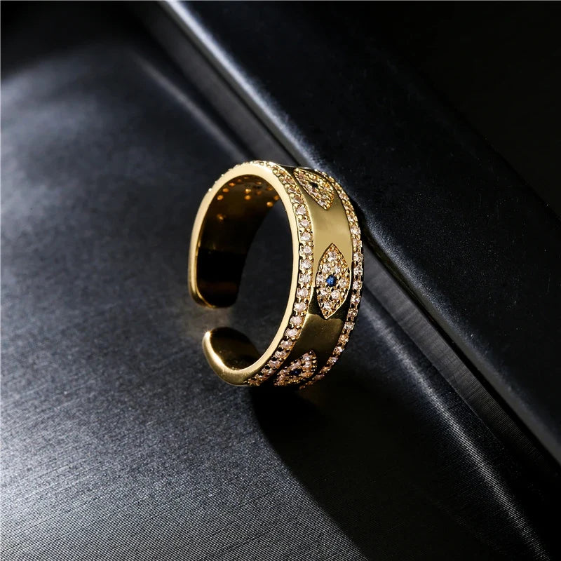 NEWBUY 2024 Fashion Gold Color Copper Wedding Jewelry AAA CZ Evil Eye Design Open Ring For Women Girl Engagement Gift