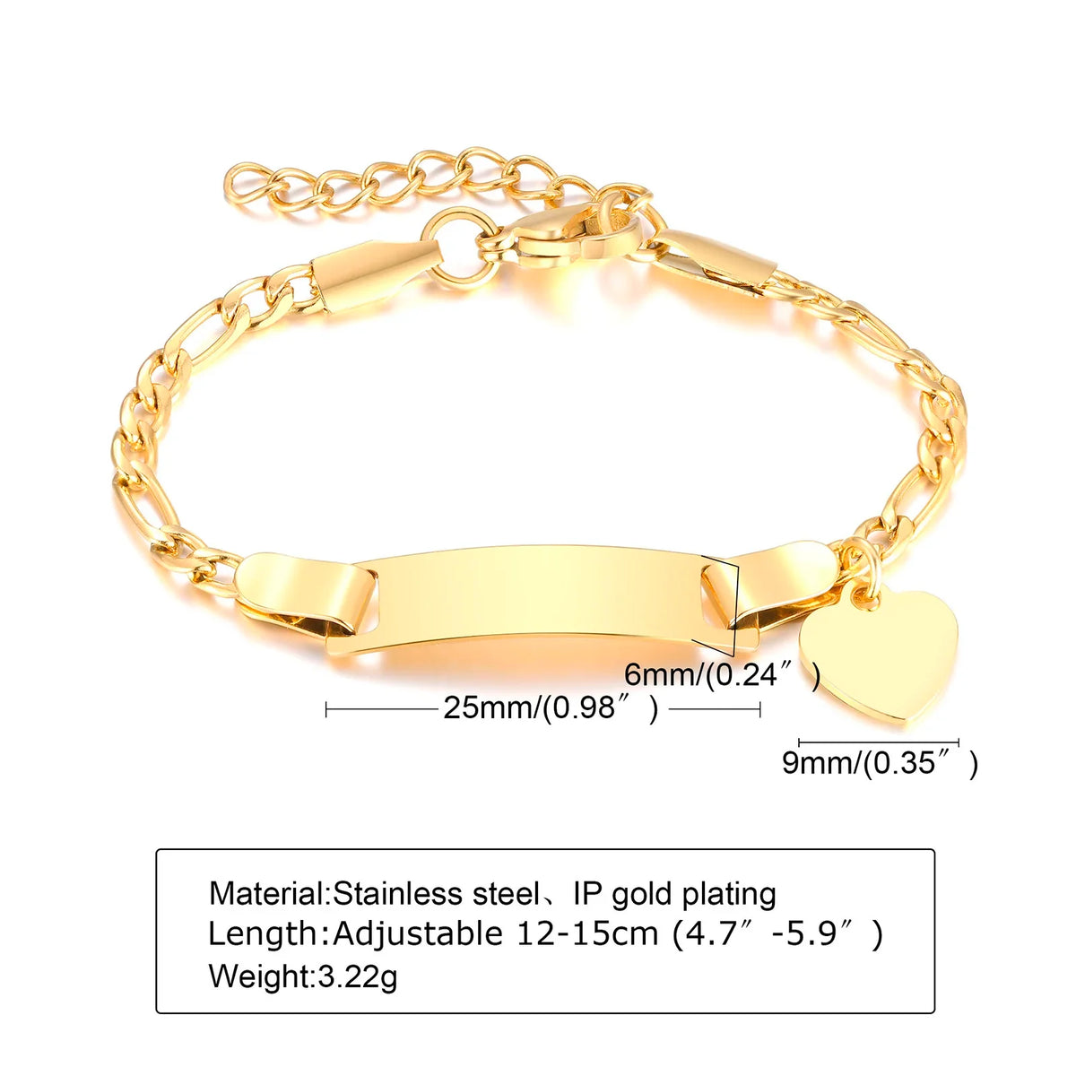 Persoanlized Custom Name Heart Bracelet,Stainless Steel Figaro Chain Link Adjustable,Engraved Gift for Boy Girl