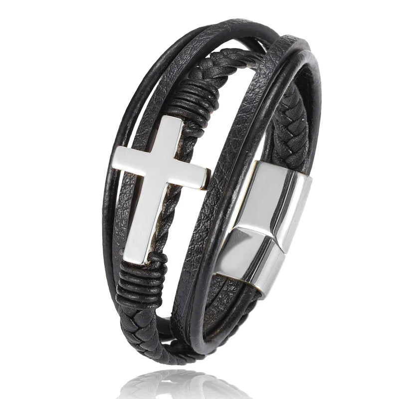Boho Personalized Men's Family Name Bracelet Black Cross Woven Leather With Stainless Steel Charm Bracelet Custom Name Jewelry