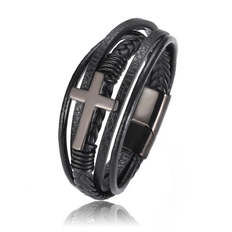 Boho Personalized Men's Family Name Bracelet Black Cross Woven Leather With Stainless Steel Charm Bracelet Custom Name Jewelry