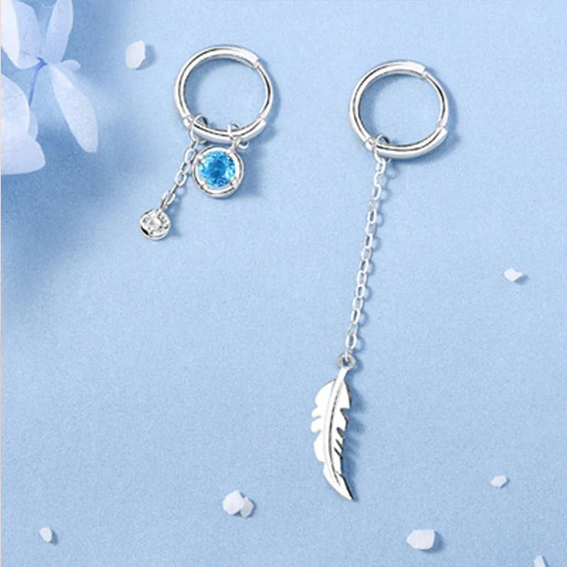 VENTFILLE 925 Sterling Silver Asymmetric Feather Earrings White Moonstone Pendant Earrings Ladies Gifts Handmade Jewelry