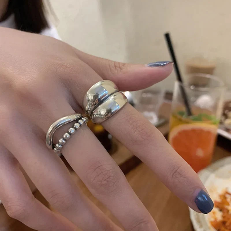 VENTFILLE 925 Silver New Thick Simple Wave Light-shaped Solid Double-layer Rings Trendy Couple Ring Female Gift