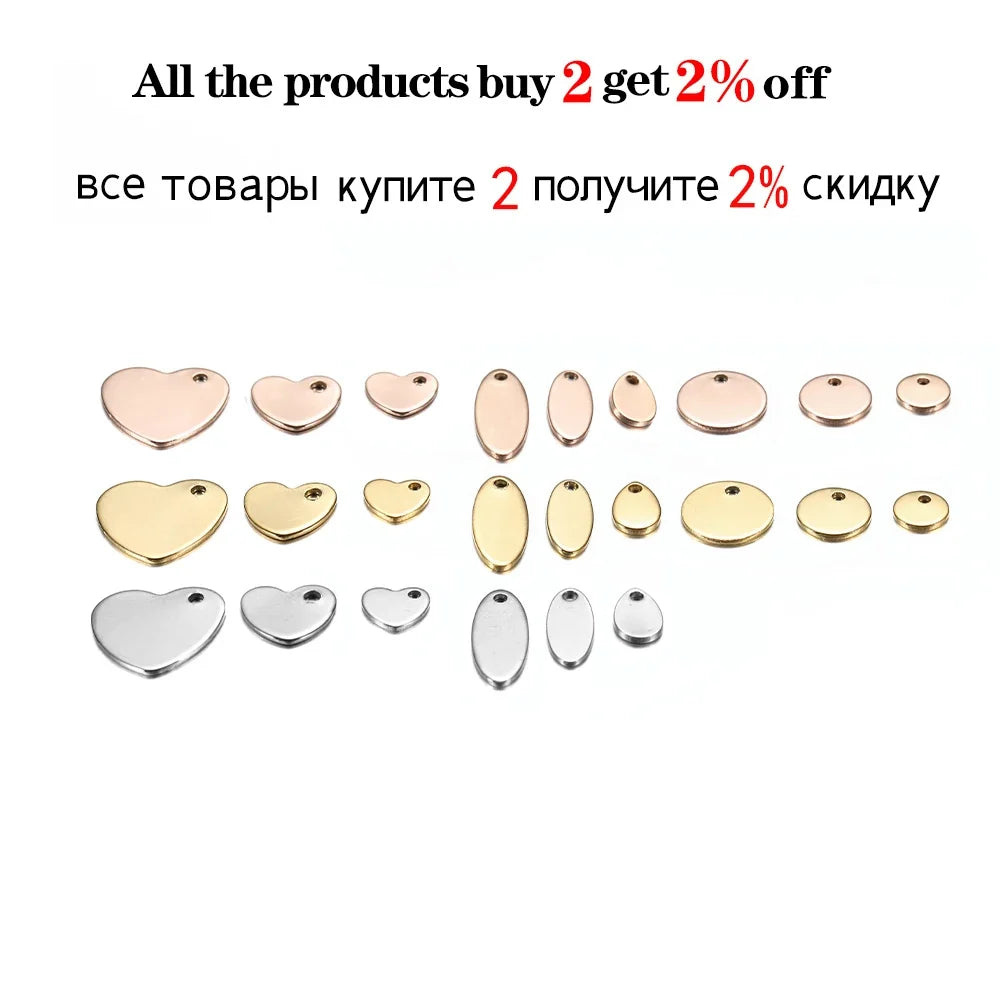 10-50Pcs Gold Stainless Steel Customized Dog Tag Heart-Shaped Oval Blanks Charm Pendant Charms For DIY Jewelry Making Supplies
