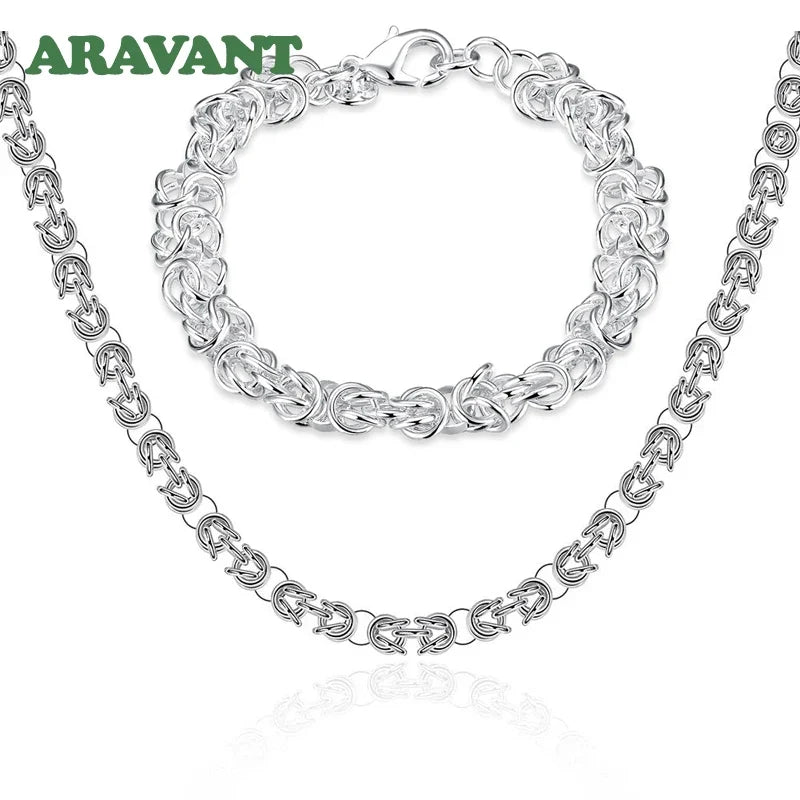 Aravant 925 Silver 7mm Link Chain Necklace Bracelet Set For Women Fashion Jewelry