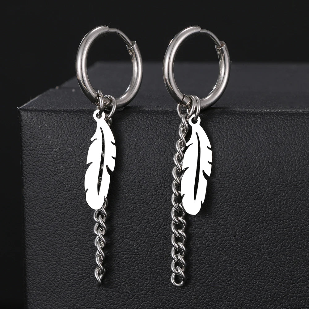 Stainless Steel Earrings Fashion Unisex Punk Gothic Feather Chain Hip Hop Pendants Gold Color Earrings For Women Jewelry Gifts