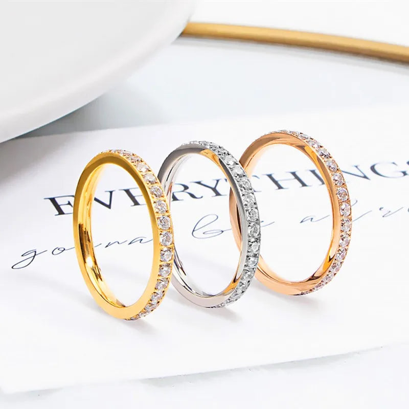 2mm Stainless Steel Stackable CZ Eternity Ring Wedding Band for Women Girl Size 5-10
