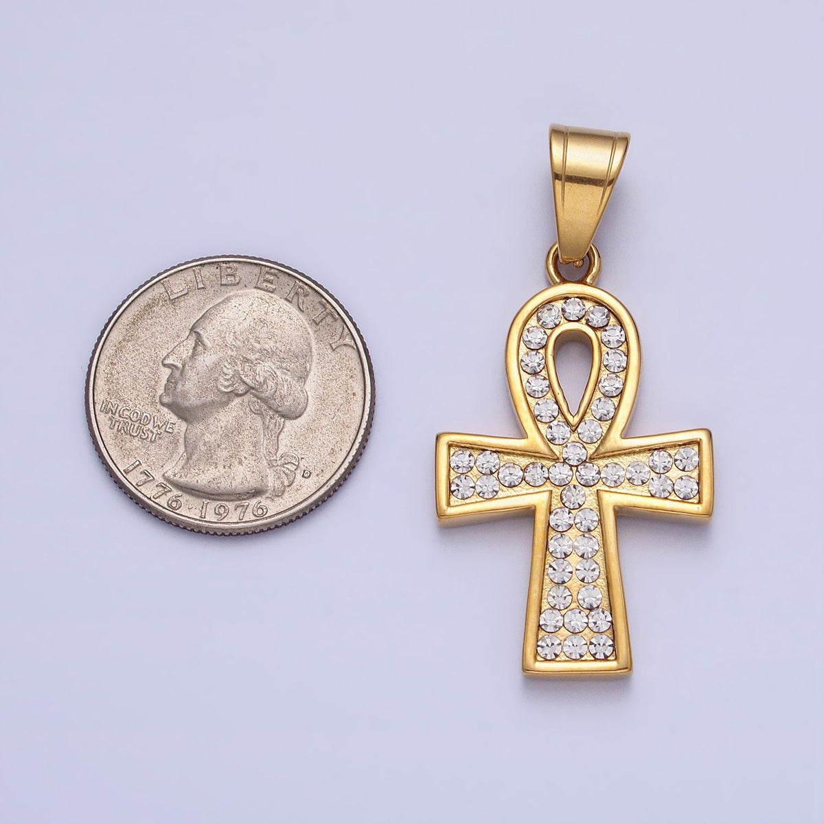 Stainless Steel Clear Micro Paved CZ Egyptian Ankh Key Cross Gold Pendant J-796