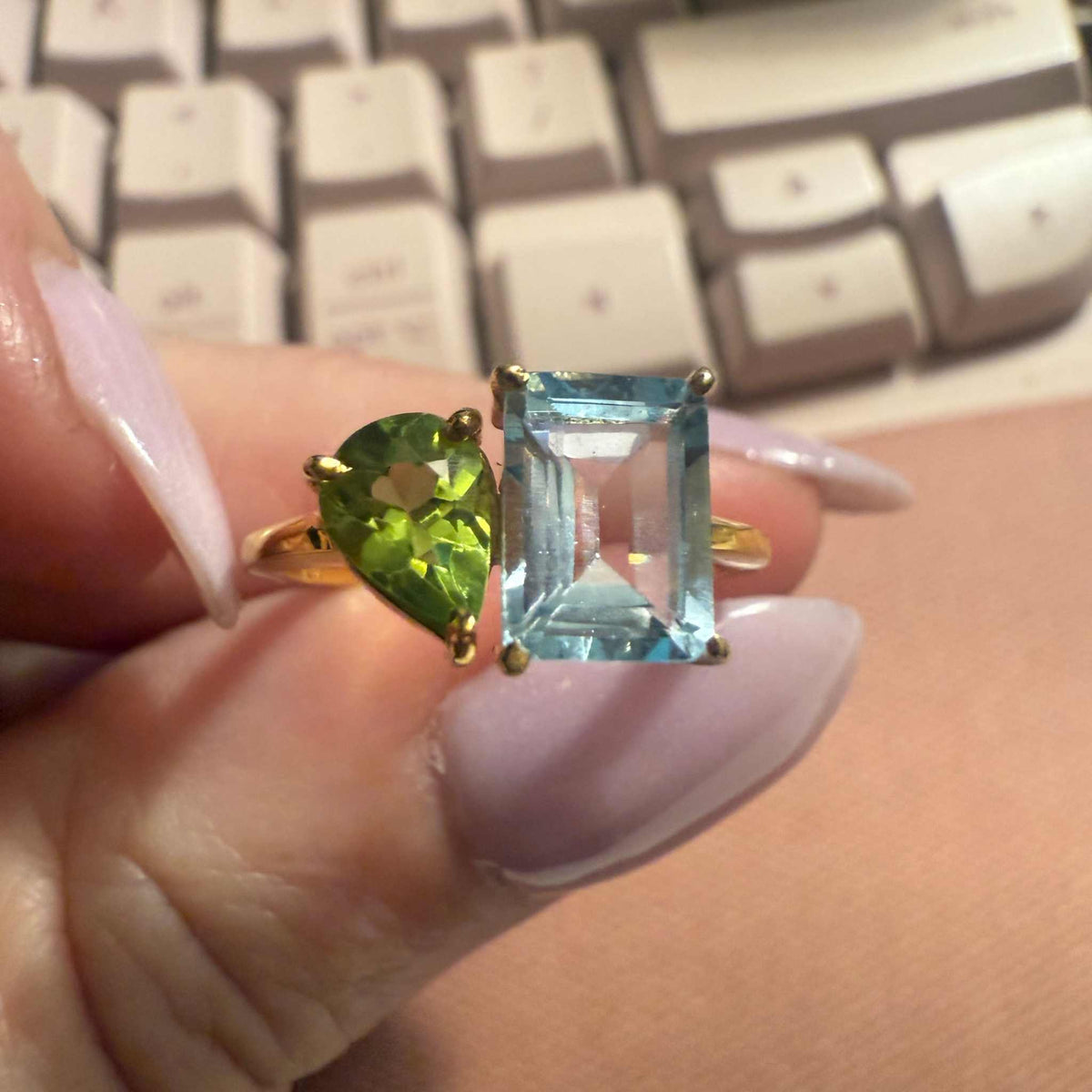 Gold Vermeil Peridot & Blue Topaz Friendship Ring – Size 6