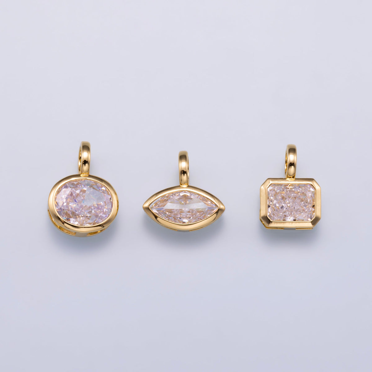 14K Gold Filled Clear Baguette, Oval, Marquise CZ Bezel Collar Chain Pendant in Gold & Silver | Charms-00750 ~ Charms-00752