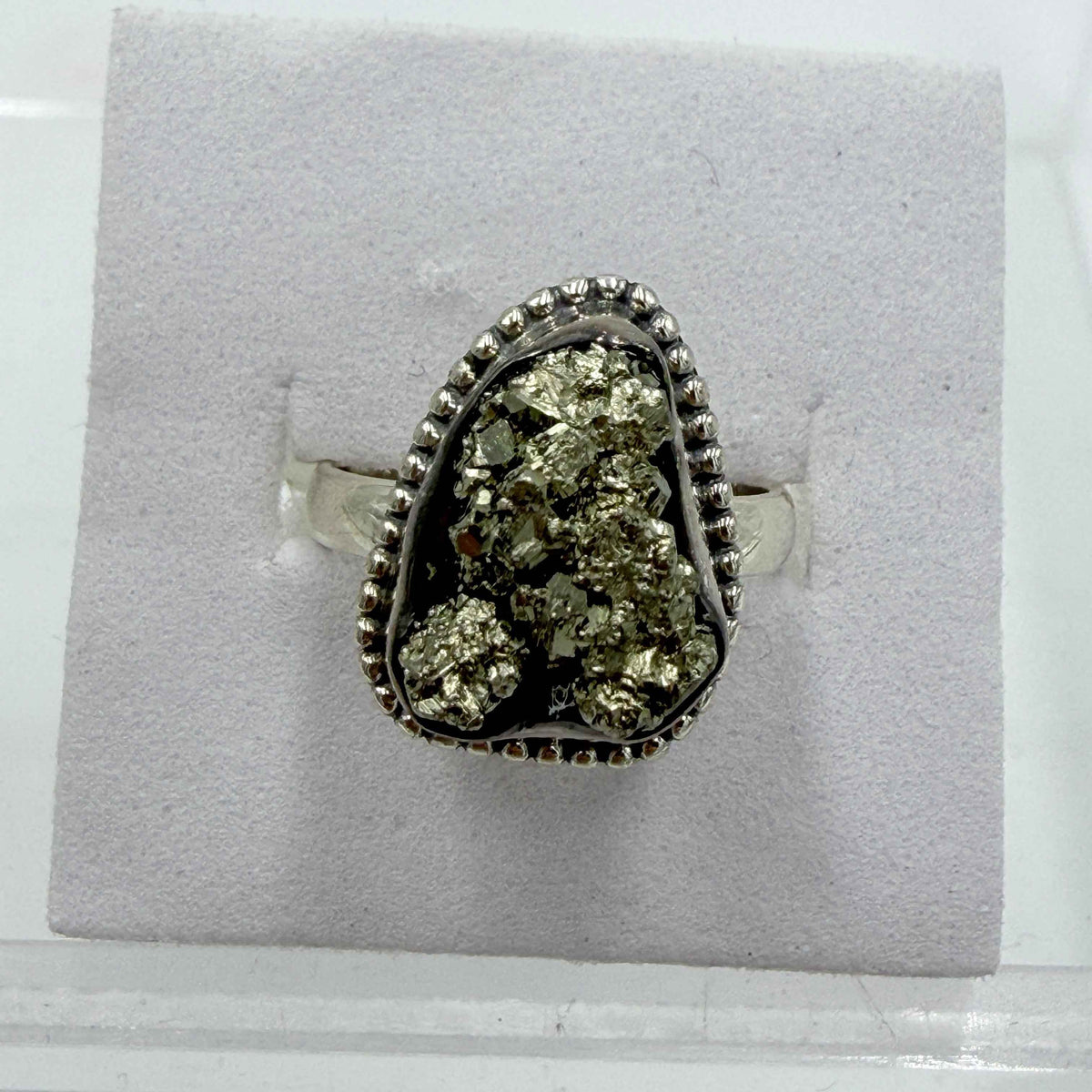 Sterling Silver Bezeled Rough Pyrite Ring - Size 6 - Protective, Abundant & Grounding