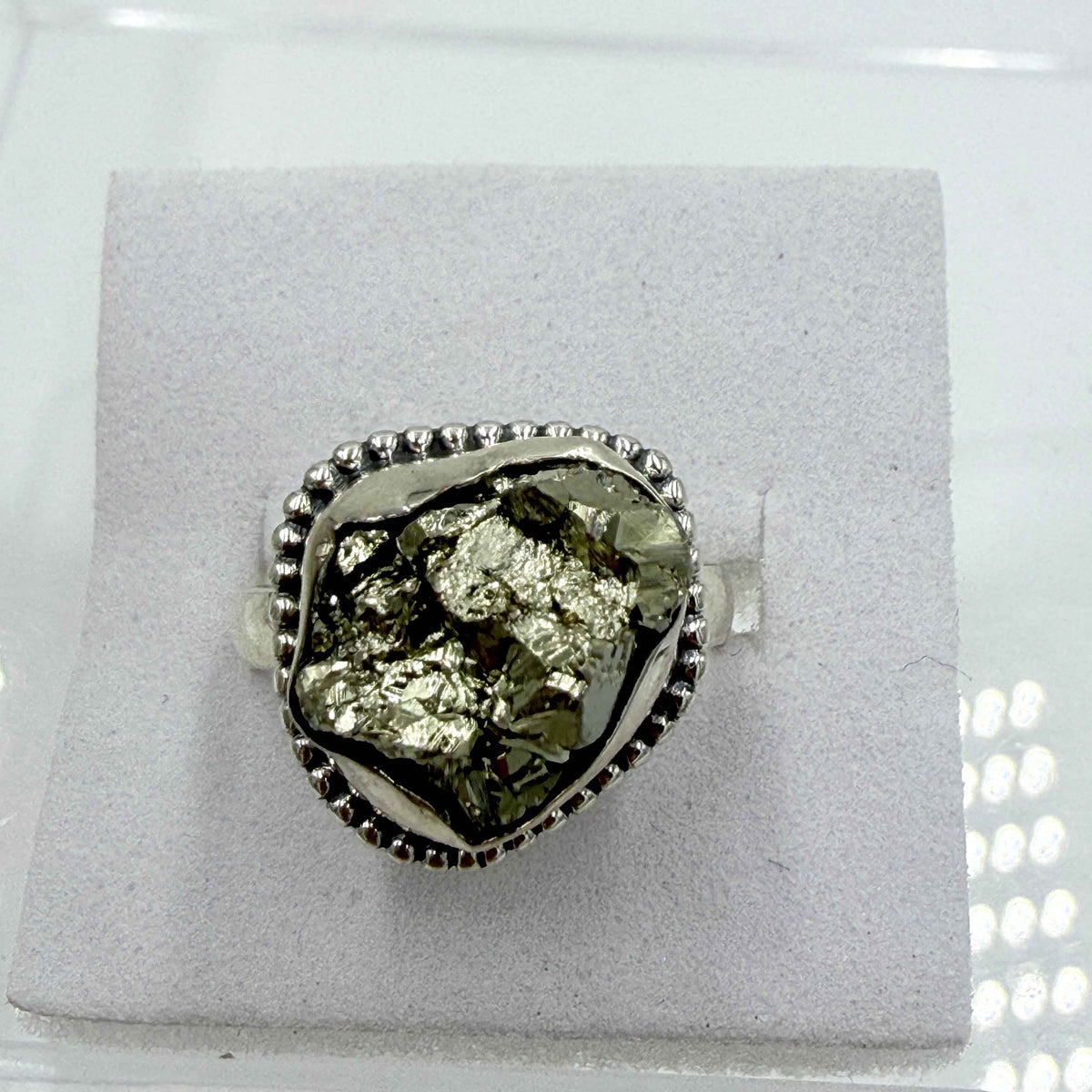 Sterling Silver Bezeled Rough Pyrite Ring - Size 7 - Protective, Abundant & Grounding