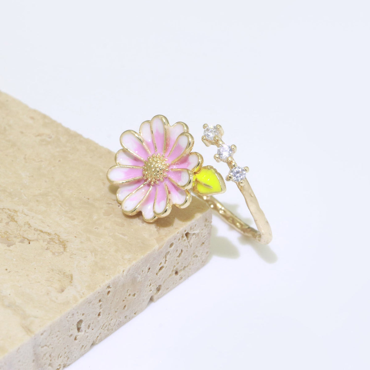 Dainty Sun Flower Stacking Ring, Gold Minimalistp Ring Open Adjustable Ring Enamle Ring Gold Filled O-539
