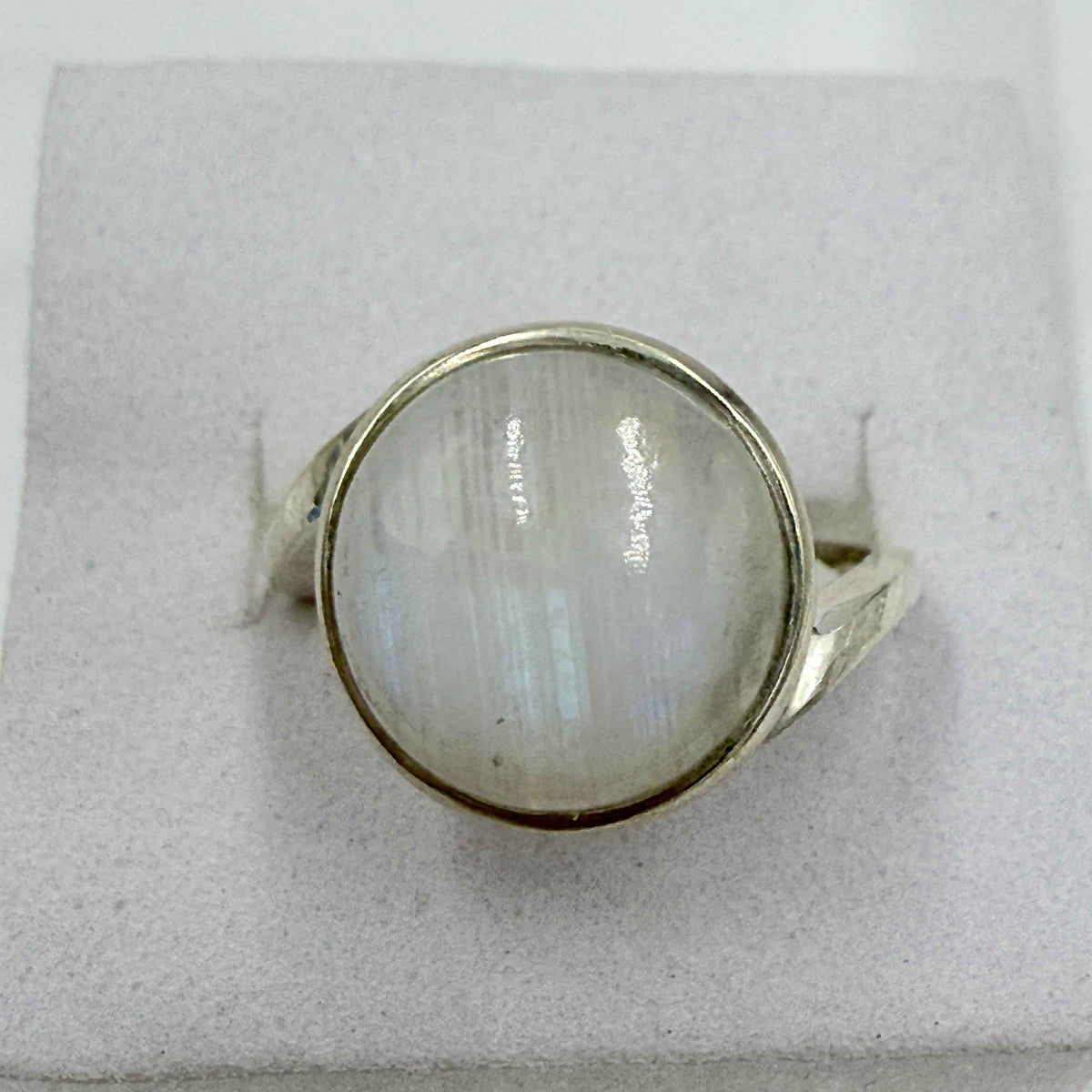 Sterling Silver Rainbow Moonstone Round Bezel Ring – Size 7 – Intuition, Calm & New Beginnings