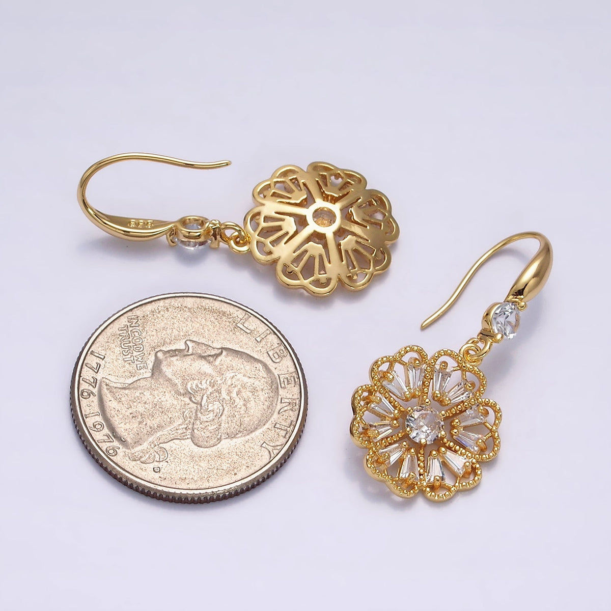 16K Gold Filled Open Flower Triangle Baguette Beaded CZ Drop French Hook Earrings in Gold & Silver | AD1548 AD1549