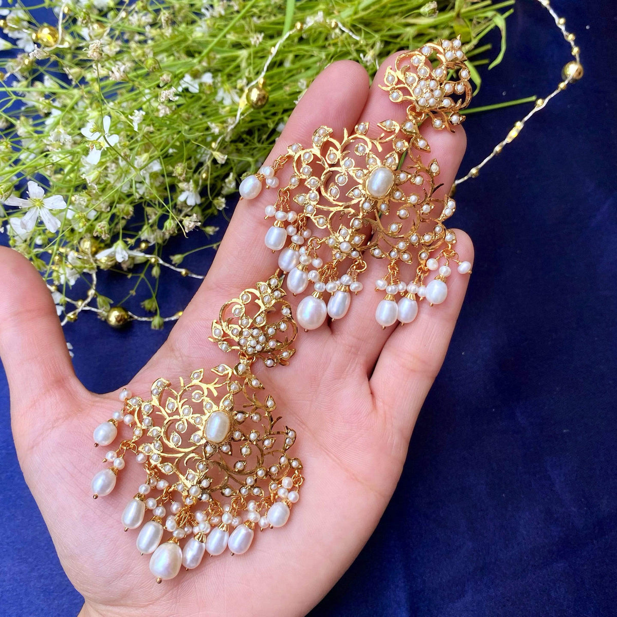 Pearl Jadau Dangler Earrings in Gold Plated Silver
