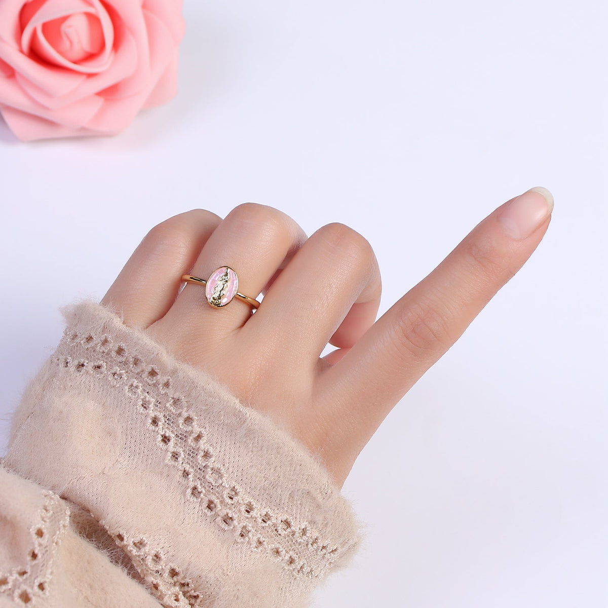 Gold Filled Oval Virgin Mother Mary Shell Opal Ring in Gold & Silver  S-397 - S-400, O-200-204