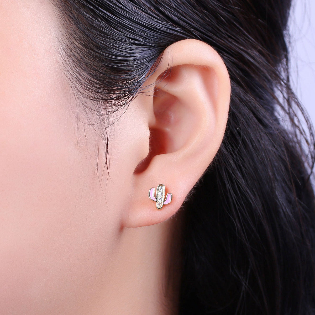 Green, Pink, Red, White Blue Enamel Micro Paved CZ Succulent Cactus Plant Desert Mini Stud Earrings | T145 - T149
