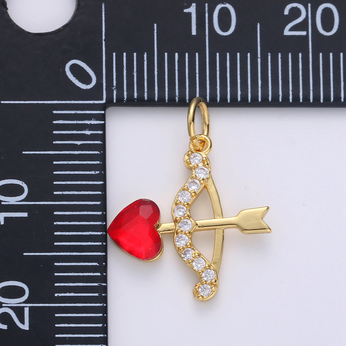 14K Gold Filled Red Hearts CZ Micro Paved Love Arrow Charm | C358