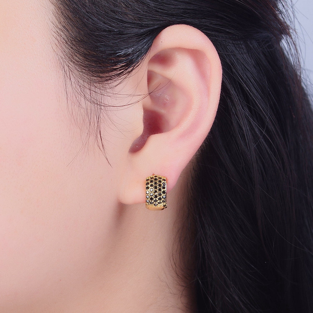 Black Pave Huggie Earring Chunky Black CZ Hoop Earring V-385